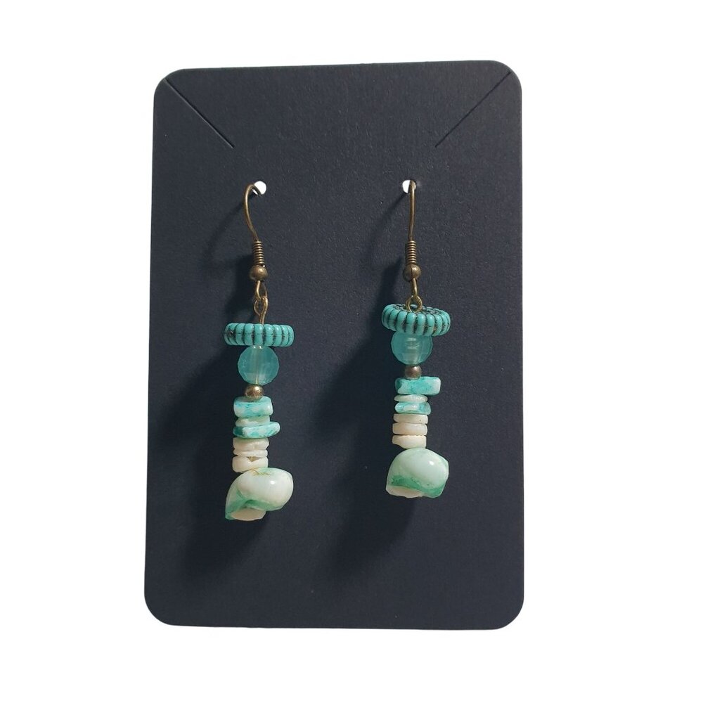 Handmade Blue Seafoam Earrings Hooks Multi Stone Beaded Design Boho Beach Core